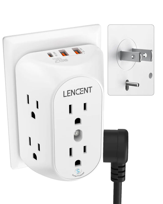 LENCENT 2 Prong Power Strip 3 to 2 Prong Grounding Outlet Adapter 6 Outlet PD20W &2 USB A Port 1728J Surge Protector 3-Sided Wide Spaced Extender Polarized Plug Wall Mount for Non-Grounded Outlet